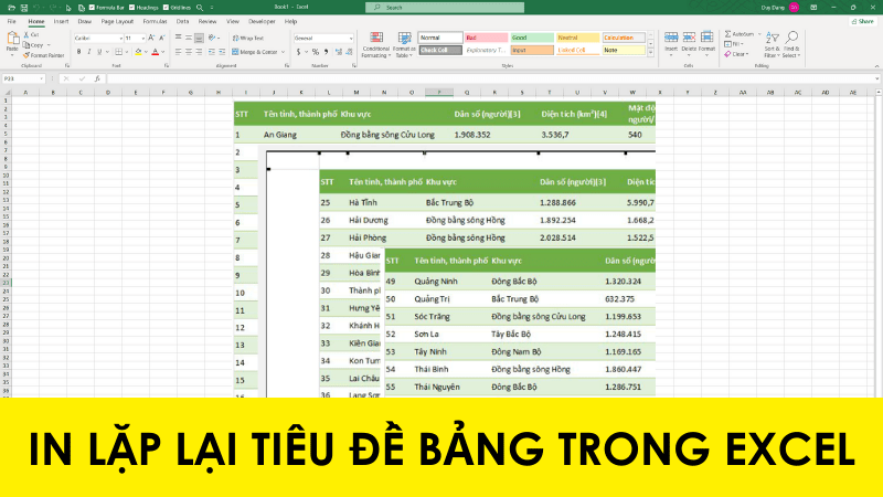 In lặp lại tiêu đề bảng trong Excel