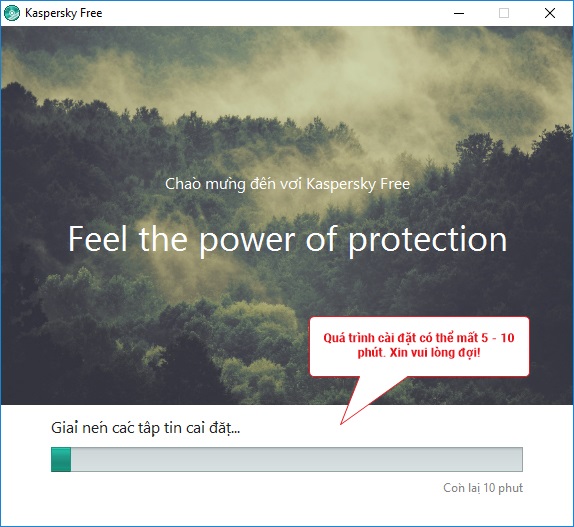 Cài đặt Kasperksy Free, có thể mất vài phút