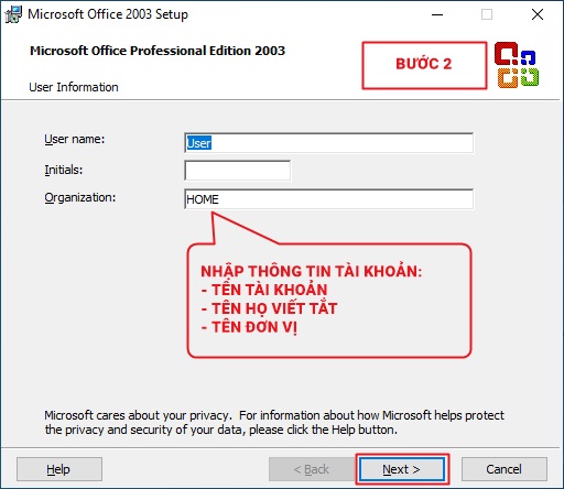 - Bước 2: Nhập thông tin tài khoản (Thông tin tài khoản này sẽ là thông tin kèm theo file văn bản Office 2003 tạo ra) 